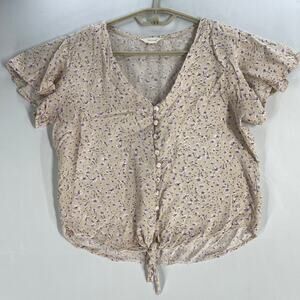 Sim Sam Top WomenS XL Beige Pink Floral Button Front Peasant Cottagecore Rayon